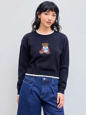 Cider Teddy Bear Embroidered Cropped Sweater Navy Blue Knit Women’s Small Cute